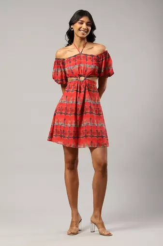 LABEL Square neck short sleeves printed short dress
