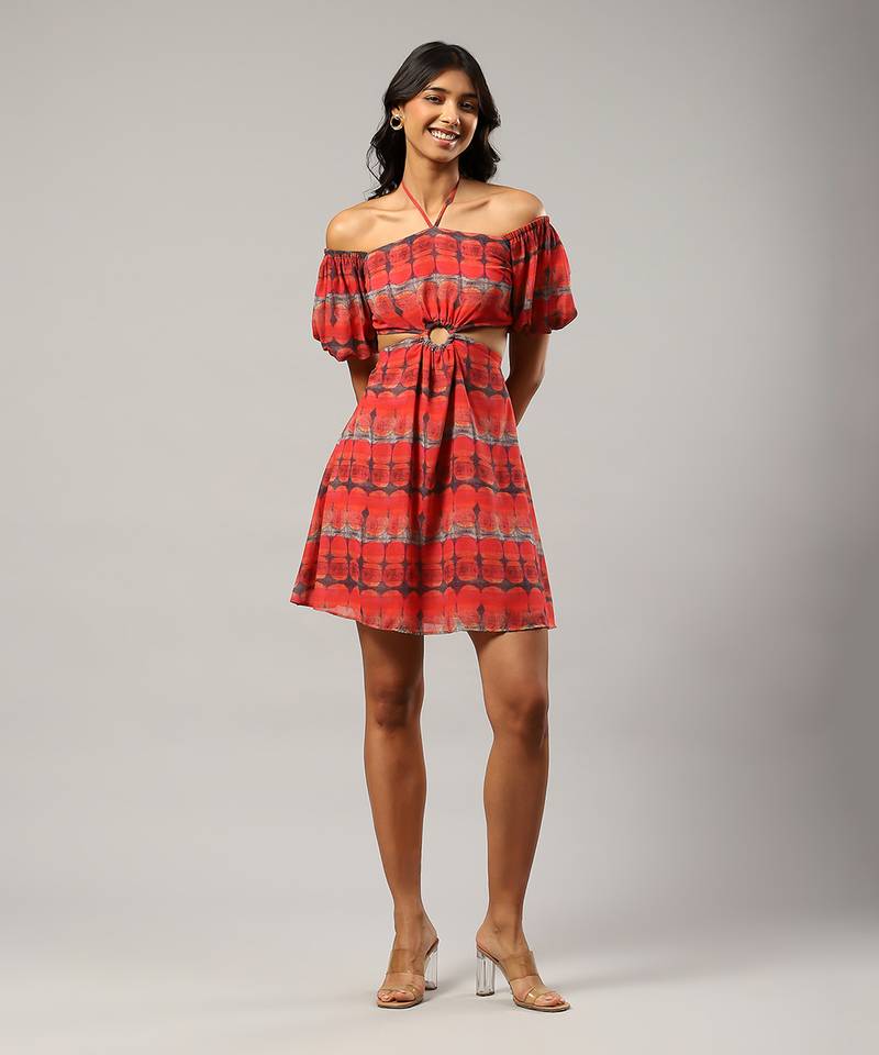 LABEL Square neck short sleeves printed short dress