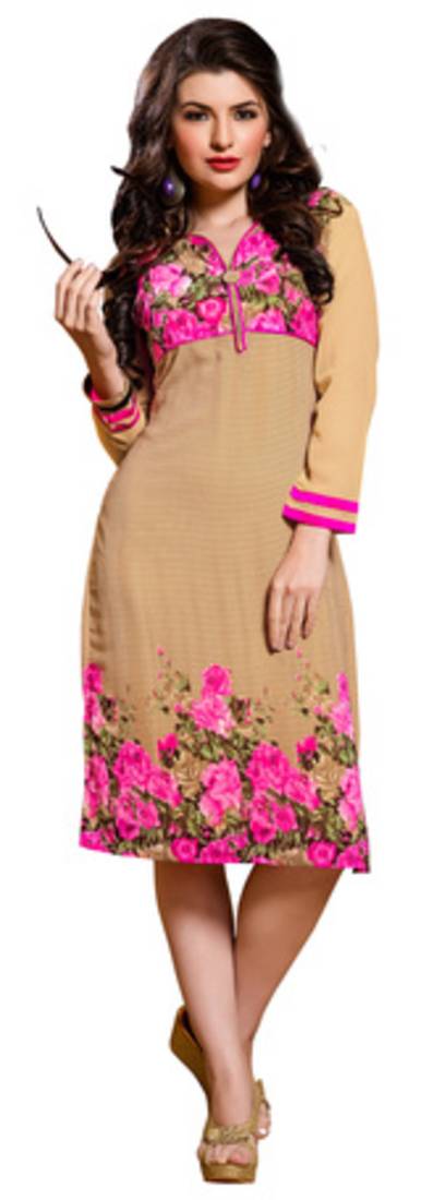 Beige and Pink printed Georgette kurtas-and-kurtis