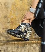 Black embroidered wedges