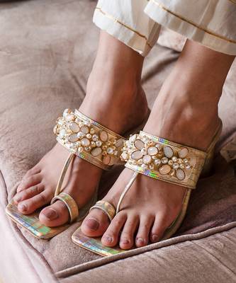 Iridescent gold hand embroidery heels 1