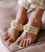 Iridescent gold hand embroidery heels