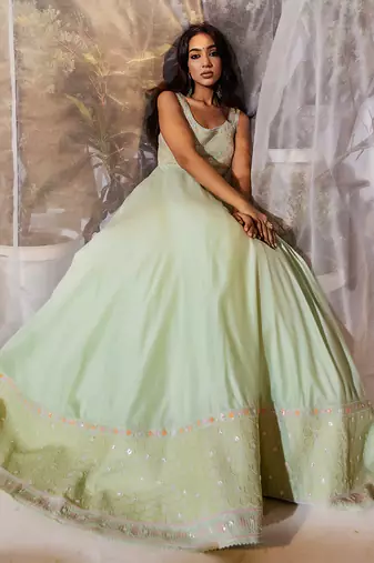 Mint green embroidered anarkali gown