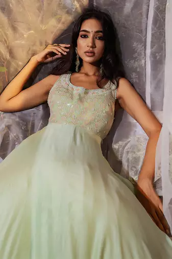 Mint green embroidered anarkali gown