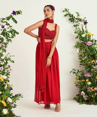 Red georgette flared pant set 1