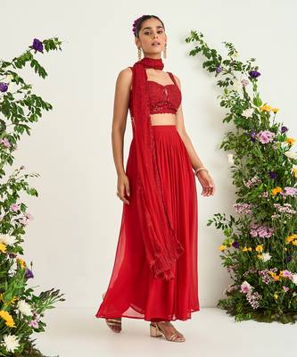 Red georgette flared pant set 2