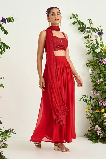 Red georgette flared pant set