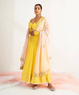Sunshine yellow embroidered angrakha set 1