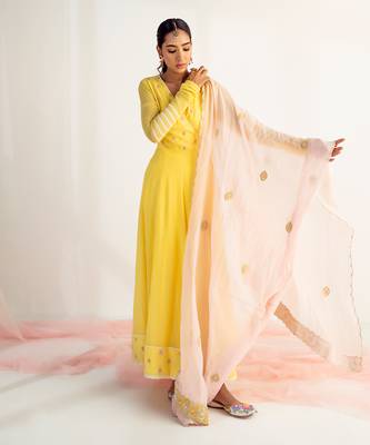Sunshine yellow embroidered angrakha set 2