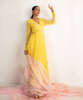 Sunshine yellow embroidered angrakha set 3