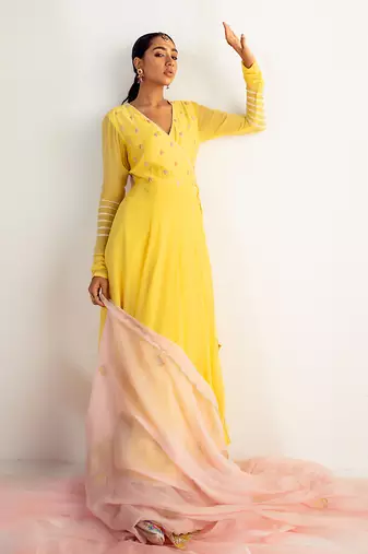 Sunshine yellow embroidered angrakha set