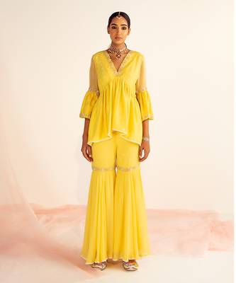 Yellow peplum georgette sharara set 1