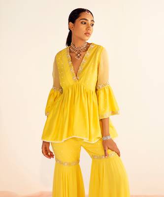 Yellow peplum georgette sharara set 2