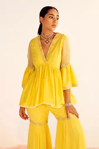 Yellow peplum georgette sharara set