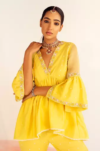Yellow peplum georgette sharara set