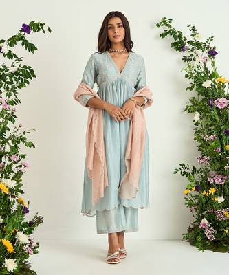 Ice blue embroidered kurta set 1