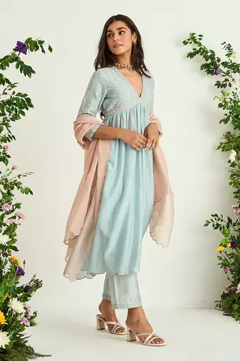 Ice blue embroidered kurta set