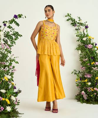 Yellow hand embroidered peplum tunic set 1
