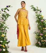 Yellow hand embroidered peplum tunic set