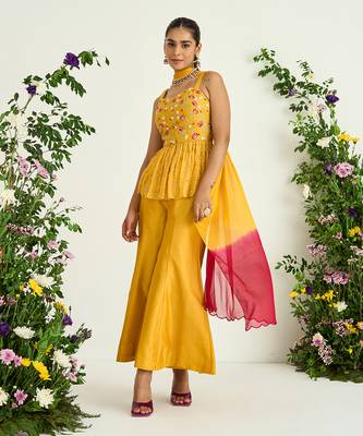 Yellow hand embroidered peplum tunic set 2
