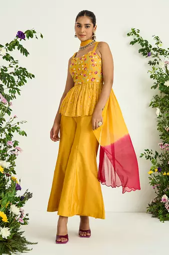 Yellow hand embroidered peplum tunic set