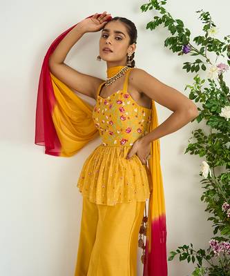 Yellow hand embroidered peplum tunic set 3