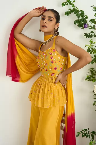 Yellow hand embroidered peplum tunic set