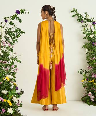 Yellow hand embroidered peplum tunic set 4