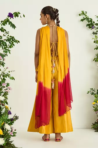 Yellow hand embroidered peplum tunic set