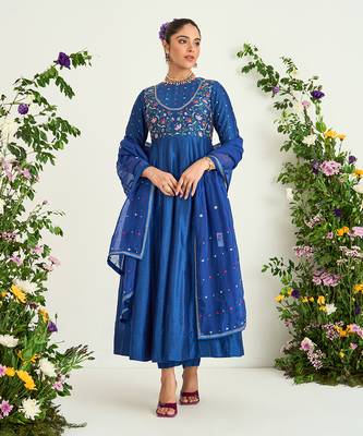 Classic blue hand embroidered anarkali set 1
