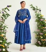 Classic blue hand embroidered anarkali set