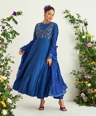 Classic blue hand embroidered anarkali set 2