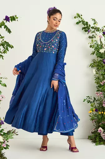 Classic blue hand embroidered anarkali set