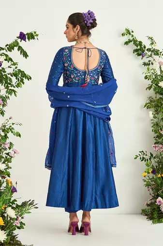 Classic blue hand embroidered anarkali set