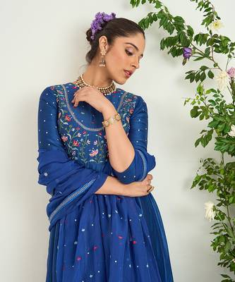 Classic blue hand embroidered anarkali set 4