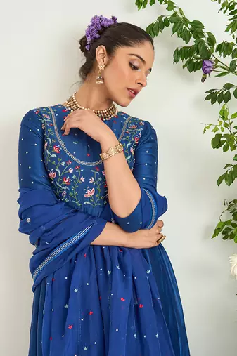 Classic blue hand embroidered anarkali set