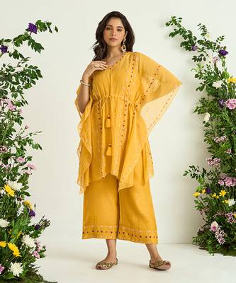 Yellow hand embroidered kaftan set 1