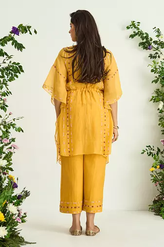 Yellow hand embroidered kaftan set