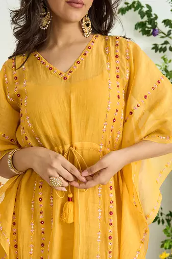 Yellow hand embroidered kaftan set