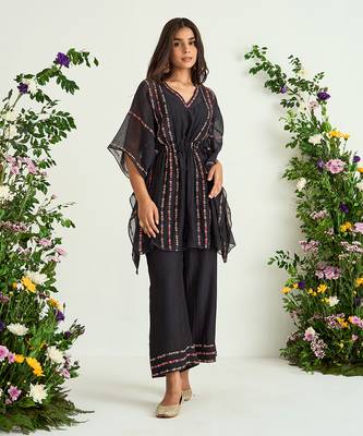 Black hand embroidered kaftan with inner 1