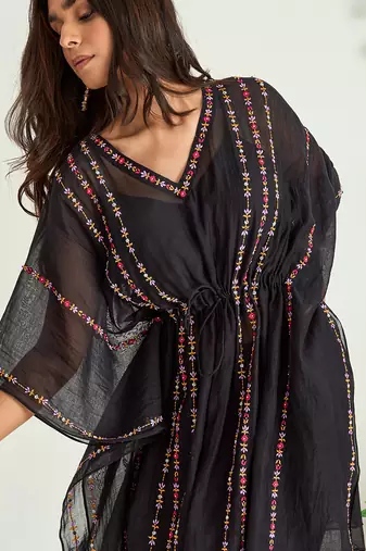 Black hand embroidered kaftan with inner