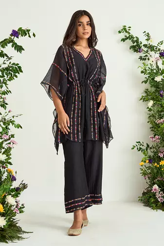 Black hand embroidered kaftan set