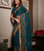 Teal Blue Gold Coin Chiffon c Desiner Embroidered Partywear Saree