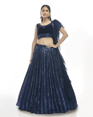 Seductive Navy-blue sequins embroidered velvet semi stitched ghagra choli 5