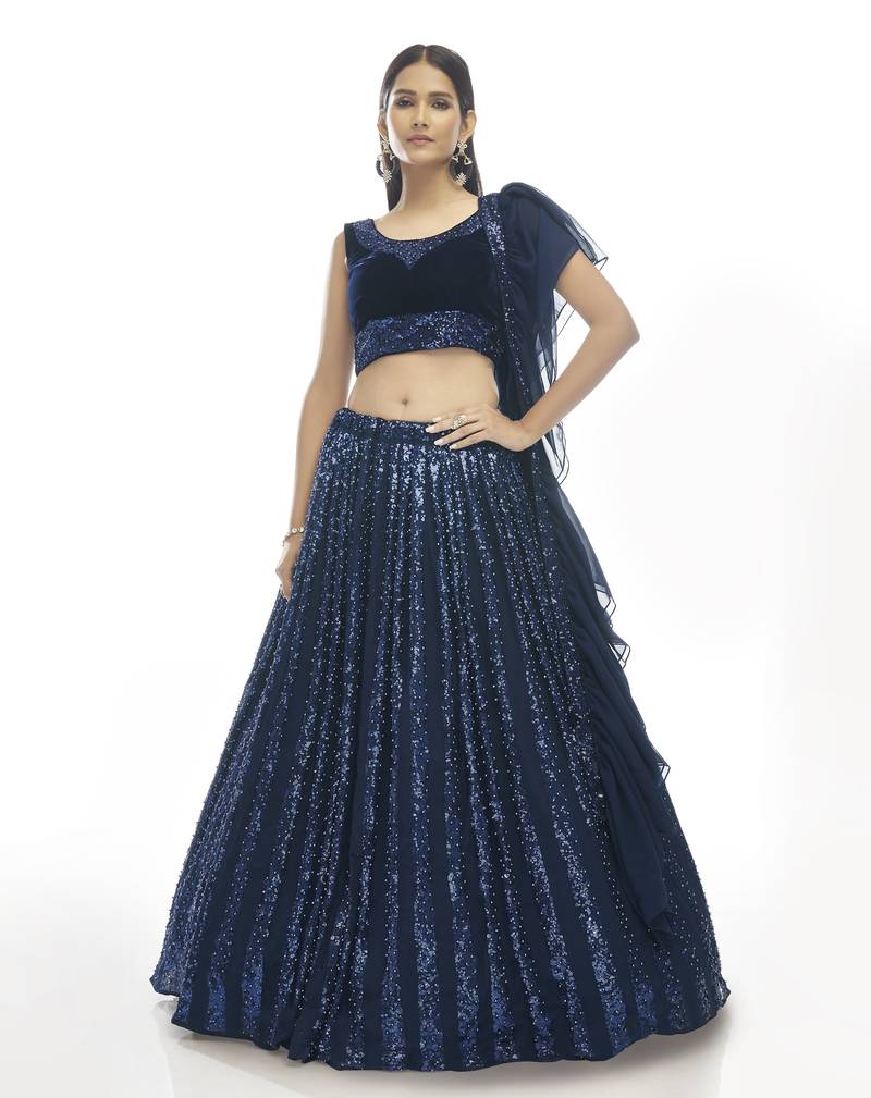 Seductive Navy-blue sequins embroidered velvet semi stitched ghagra choli