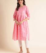 Fabclub cotton blend floral printed flared women kurti (pink)
