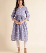 Fabclub cotton blend floral printed flared women kurti (blue)