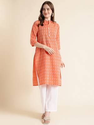 Fabclub cotton blend yarn design straight women kurti (orange) 1