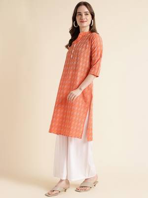 Fabclub cotton blend yarn design straight women kurti (orange) 2