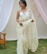 Ethnic Cream Smarty Embroidered Organza c Girlish Saree